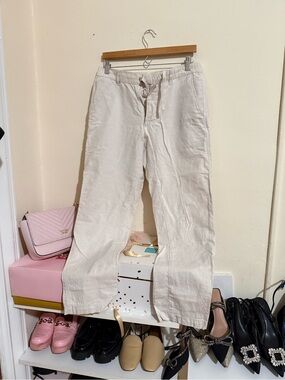 Uniqlo Cream Drawstring Linen-Blend Pants